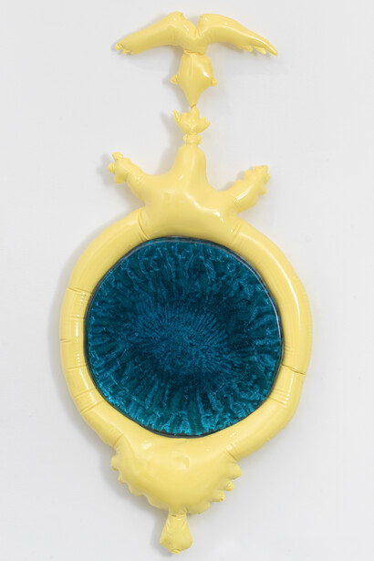 Misha Kahn, Saturday Morning Series: Large Yellow Mirror, 2013, Resin, Vinyl, Glass and Foil, 42
x 20 x 2 inches. Courtesy of Misha Kahn and Friedman Benda. Photography: Adam Reich