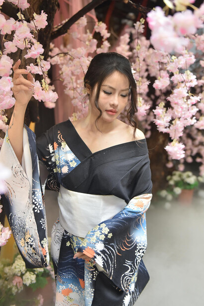 A woman in a traditional kimono among cherry blossoms in japan