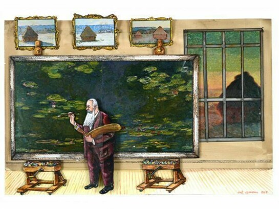 Red Grooms, Only an Eye, but What a Beard! (Claude Monet), 2013, watercolor, ink and magazine page mounted on illustration board
17 x 25 1/4 x 1 inches