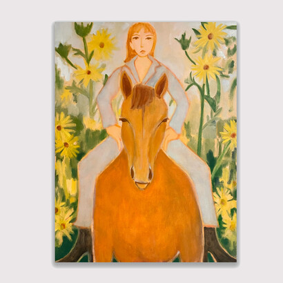 Meghan Borah, Girl and Horse with Sunflowers, 2023. Oil on Canvas, 45.50h x 33.50w in. Courtesy of Galleri Urbane