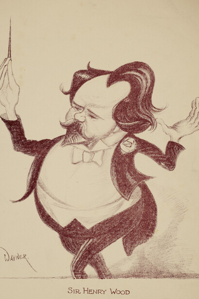 Mark Wayner, Celebrities in Caricature Portfolio, 2 of 37, Sir Henry Wood, 1931, stone lithograph on paper, 37.2 x 25.3 cm, Ben Uri Collection