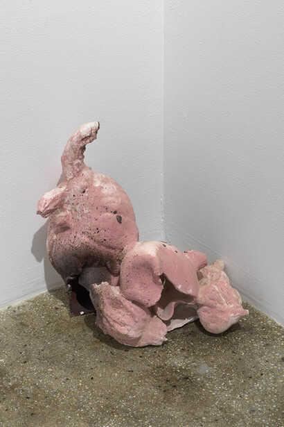 Grace Sachi Troxell, Clay Baby, slip-cast vegetable, pink mason stains, 2021, 13 ½x14½x10 inches. Courtesy of the artist and Alison Bradley Projects, NYC