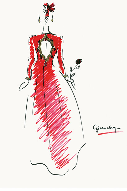 Figurín del vestido-abrigo de satén rojo rubí escotado, con la espalda sobrebordada de oro y de colgantes de color rubí