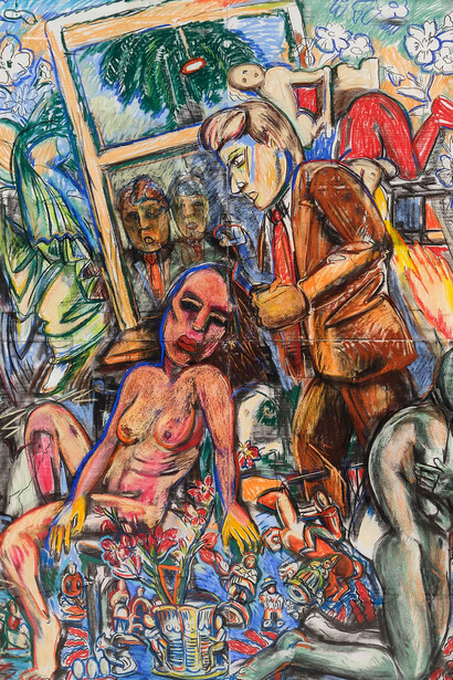 Viola Frey, Artist's mind/studio/world: seated nude woman with yellow hands and man in brown suit, 1987. Courtesy of The Pit 