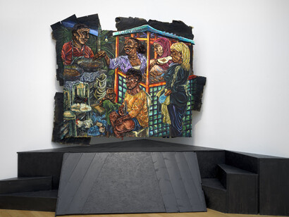 Raquel van Haver, Life never Sweet like a Chocolate Vanilla, 2018. oil on burlap, homemade paint, cardboard, tar, plastic, charcoal, chalk, gel, resin, hair, posters, paper. Courtesy the artist. Photo: Gert Jan van Rooij.