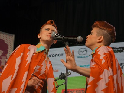 Holly Laessig and Jess Wolf (Lucius) performing at SXSW 2016. Photo: Catalina Maria Johnson