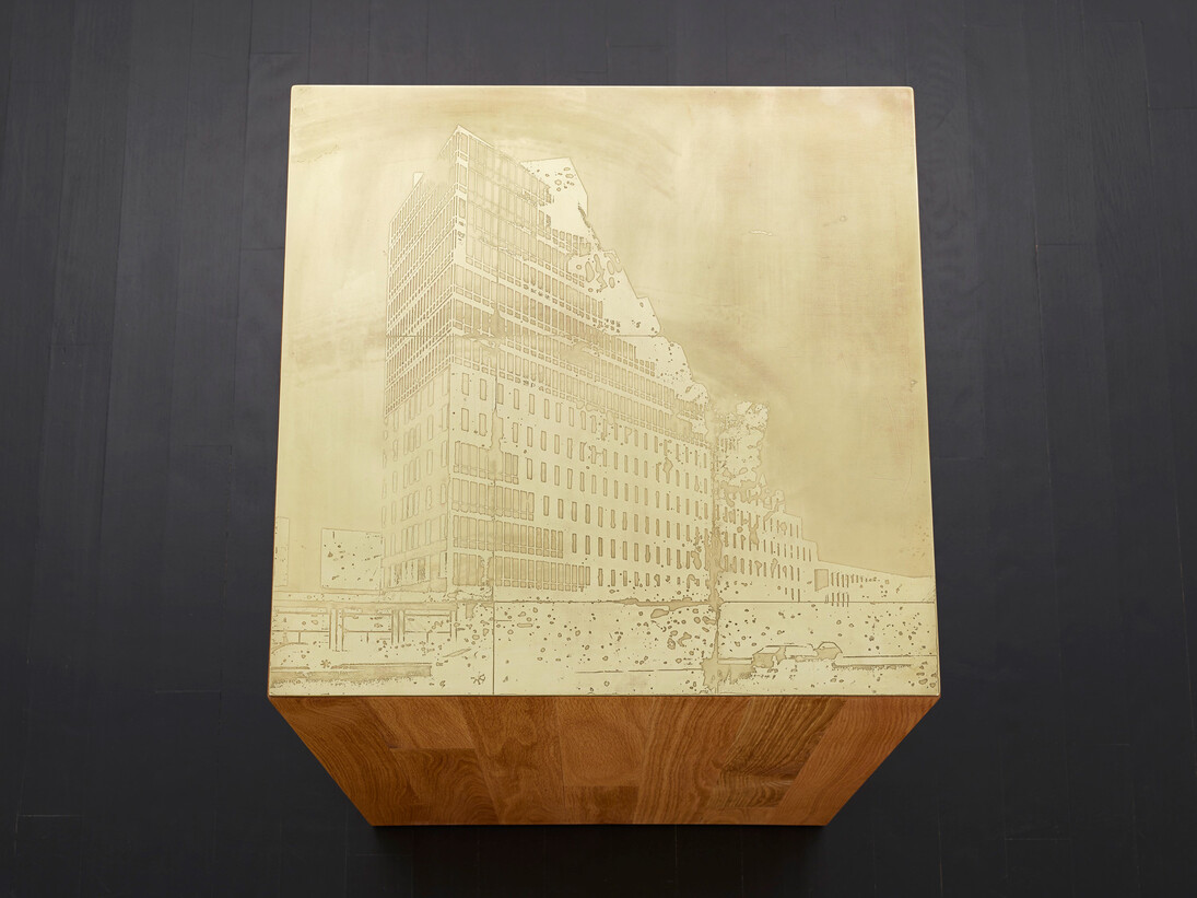 Marc Ganzglass, Building #2, 2014, Etched brass, oak plinth, 32 x 23 1/2 x 22 1/2 inches, unique
