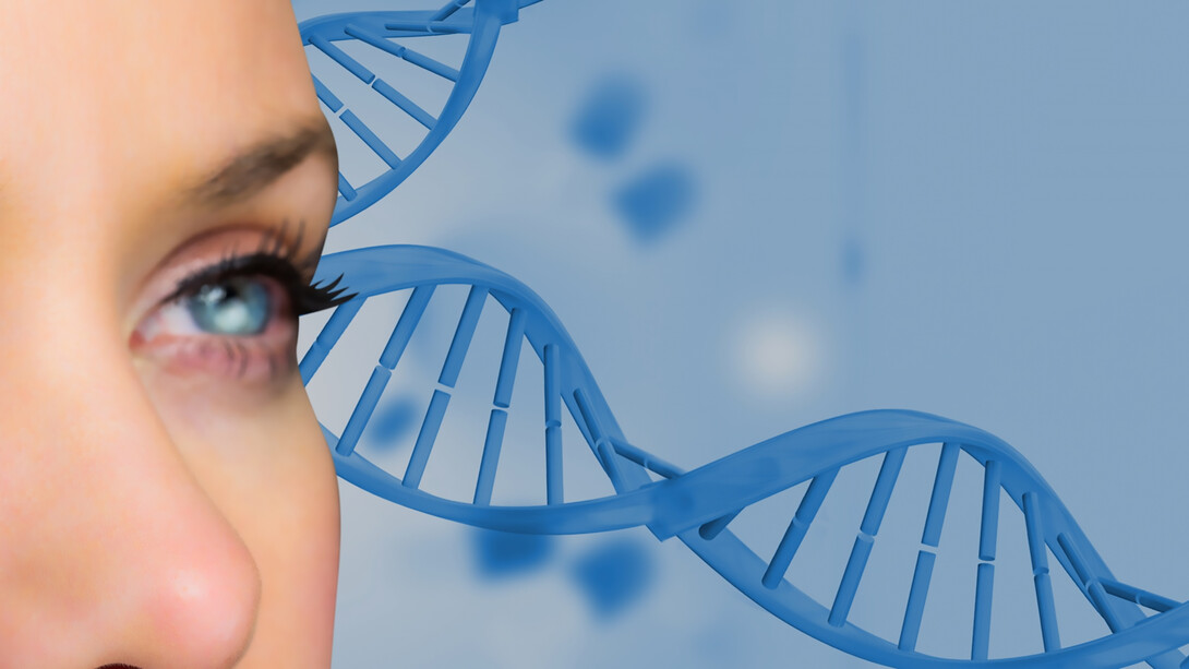 Woman depicted with DNA sequencing pattern on her back, illustrating genetic research and medical advancements