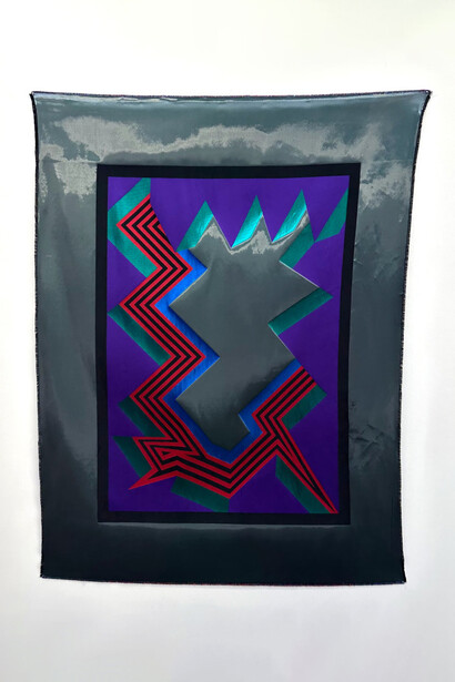 Liz Collins, Fractured Sky (bbb/g/r), 2023. Lurex, monofilament, polyester, and silk, 58 x 44 in. Courtesy of Luis De Jesus Gallery
