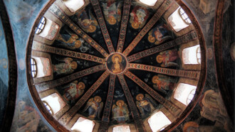The southern dome of the inner narthex of the Chora Church in Istanbul, Turkey, features stunning Byzantine mosaics depicting Christ, Istanbul, Turkey