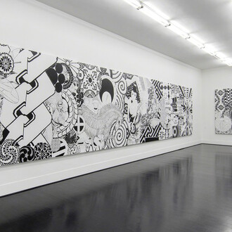 Three Large Black And White Paintings. Courtesy of Galleria Pack
