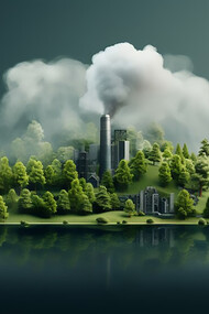 In the midst of a lush green forest, a factory disrupts the pristine environment with its polluting emissions