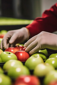 Close-up of hands arranging apples with edible coatings, showcasing food preservation and waste reduction efforts