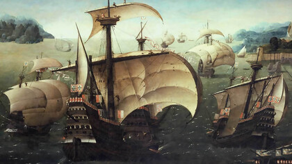 "Portuguese Carracks Off a Rocky Coast" is the oldest known sea painting in the National Maritime Museum's collection, created by a Flemish or Flemish-trained artist