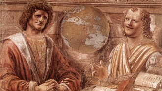 «Heráclito (llorando) y Demócrito (riendo)» (1477), Bramante 