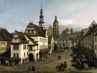 Bernardo Bellotto, La Piazza del Mercato di Pirna, 1753-1754. Olio su tela 134 x 238 cm Gemäldegalerie Alte Meister, Staatliche Kunstsammlungen Dresden (623) © 2016. Foto Scala, Firenze/bpk, Bildagentur fuer Kunst, Kultur und Geschichte, Berlin