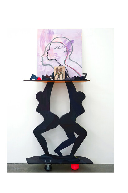 Zadie Xa, Shake, Bake, Skate, Vroom, Vroom, 2014, Steel, rubber, German porcelain, oil and spray paint on wood and canvas, 120 x 39 x 252cm