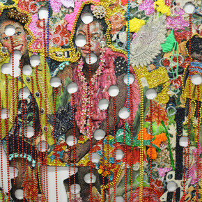 Ebony G. Patterson​, Detail of ​...they were beautiful like the moon... they were just babies... they were just girls... (...when they grow up), 2016-2018​, ​Hand-embellished jacquard tapestry, beads, glitter, appliqués, embroidery, tassels, trim, rhinestones, buttons and hand-cut elements with broken metal and plastic trophy heads, and hand-cast balloons​, ​108 x 36 x 96 in​. ​Courtesy of the artist and Luis De Jesus Los Angeles.