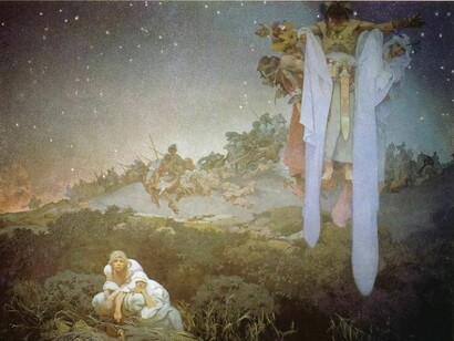 Die Slawen in ihrer Urheimat, 1912. Eitempera auf Leinwand, 610 x 810 cm. Mucha-Stiftung, Prag.  
