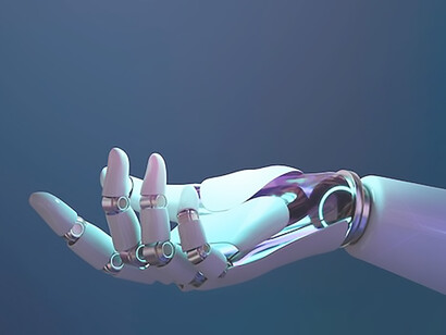 Revitalize your visuals with a high-tech 3D backdrop featuring a cyborg hand, representing the forefront of artificial intelligence technology and the seamless collaboration between humans and AI