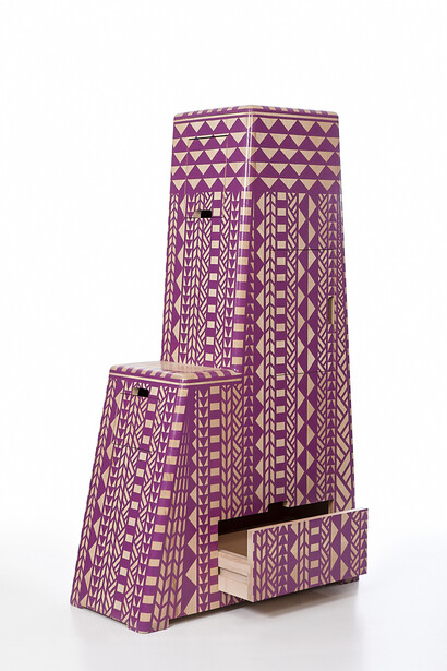 "Watchtower," Kassena series cabinet in grape-colored hand-painted white beech. Designed and made by Dokter and Misses, South Africa, 2015. 45.28" L x 19.69" W x 75.98" H / 115cm L x 50cm W x 193cm H. Photo by Brett Rubin, courtesy of Southern Guild.