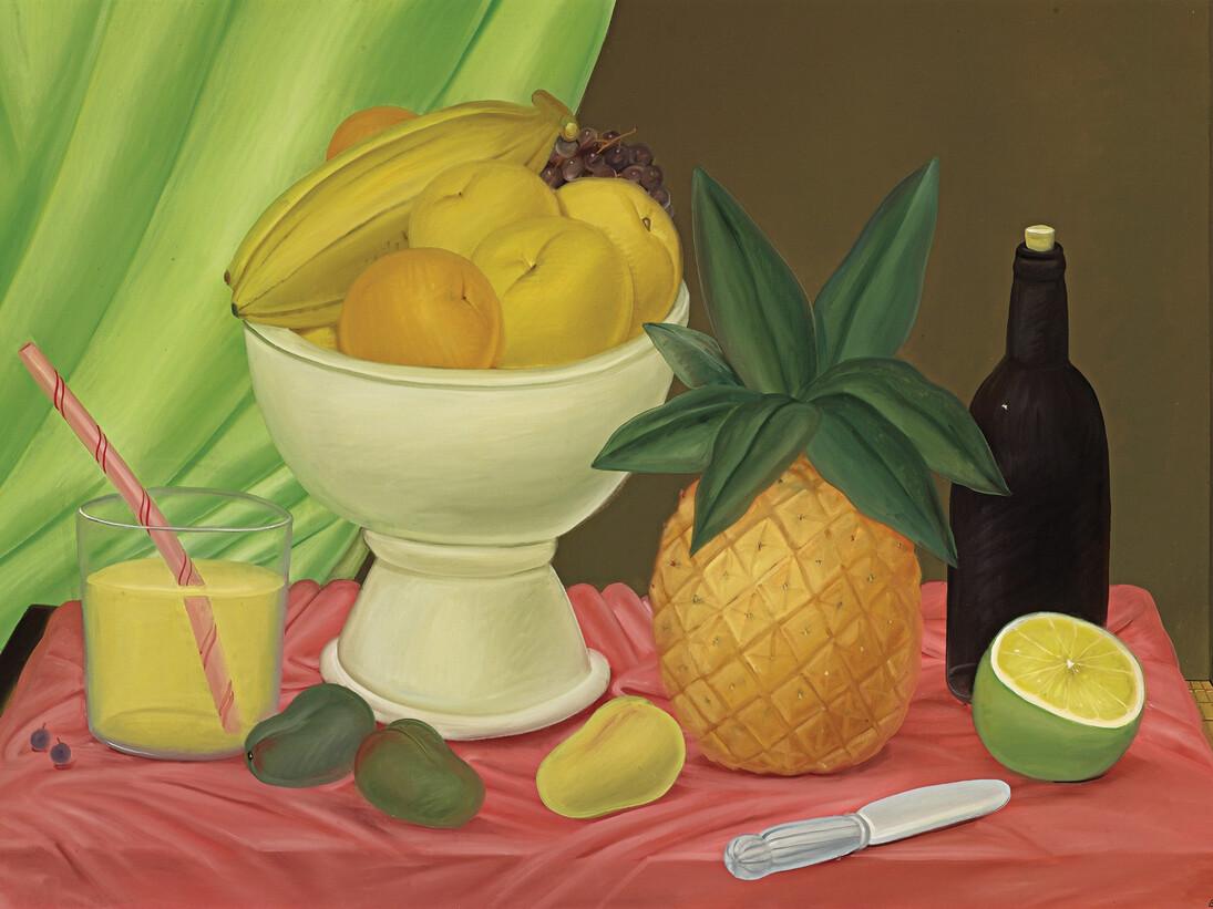 Fernando Botero, Still Life, 1983, Signed and dated “Botero, ‘03 “ lower right, Oil on canvas, 42 1/4 x 59 1/8 in.  107.3 x 152.1 cm.