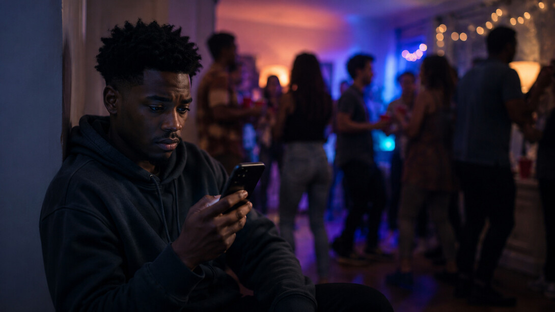 A man retreating into his phone while conversations continue around him, reflecting the emotional distance created by social discomfort