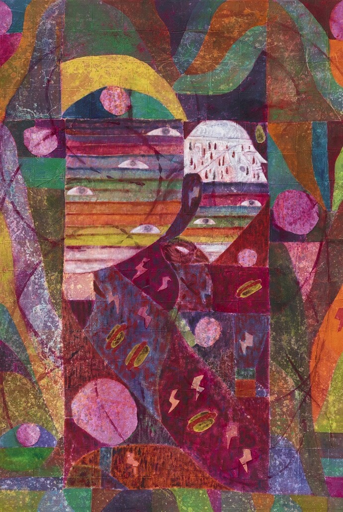 Alexander Tovborg, Prometheus II, 2015, Acrylic, gold leaf and fabric collage on canvas, 170 x 130 cm, Courtesy of the artist