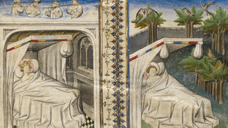 Escipión acostado en la cama soñando; Guillaume de Lorris acostado en la cama soñando, circa 1405