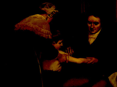 Jenner realizando su primera vacunación en James Phipps, un niño de 8 años. 14 de mayo de 1796