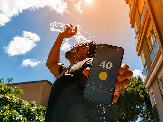A man cools down with water as temperatures reach 40 degrees Celsius