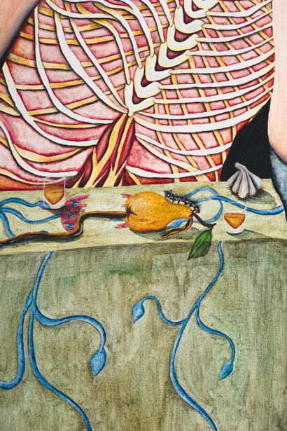 Nell Brookfield, Boney Bum and Nervous Suz (detail), 2022, acrylic dispersion and natural pigment, oil paint on linen, 156x115.5x3.6 cm. Courtesy of the artist and Duarte Sequeira Gallery