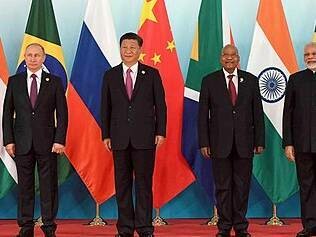 Leaders pose in BRICS summit in Xiamen, China, 2017