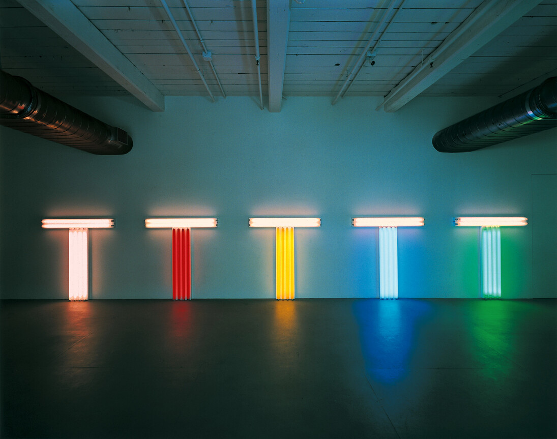 Installation view, Dan Flavin, untitled (to Don Judd, colorist) 1-5, 1987, MASS MoCA; courtesy of David Zwirner, New York London