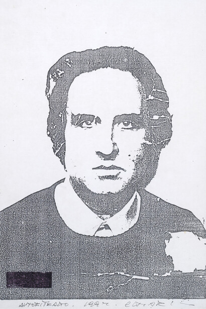 Giuseppe Chiari, Autoritratto, 1992. Photocopy on paper on canvas, cm 43 x 30 / in 19.9 x 11.8. Courtesy Tornabuoni Art