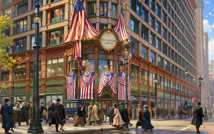 Exterior view of the Carson Pirie Scott & Co. department store building, located at the southeast corner of South State and East Madison Streets in Chicago’s Loop, decorated with bunting and flags in celebration of Abraham Lincoln’s 100th birthday (1909)