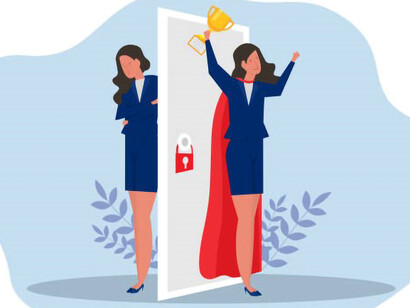 Vector illustration of a woman experiencing imposter syndrome, shadowing herself due to anxiety and lack of self-confidence at work