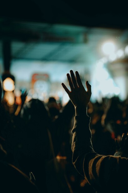 A crowd with arms raised, symbolizing protest and the struggle between state and community