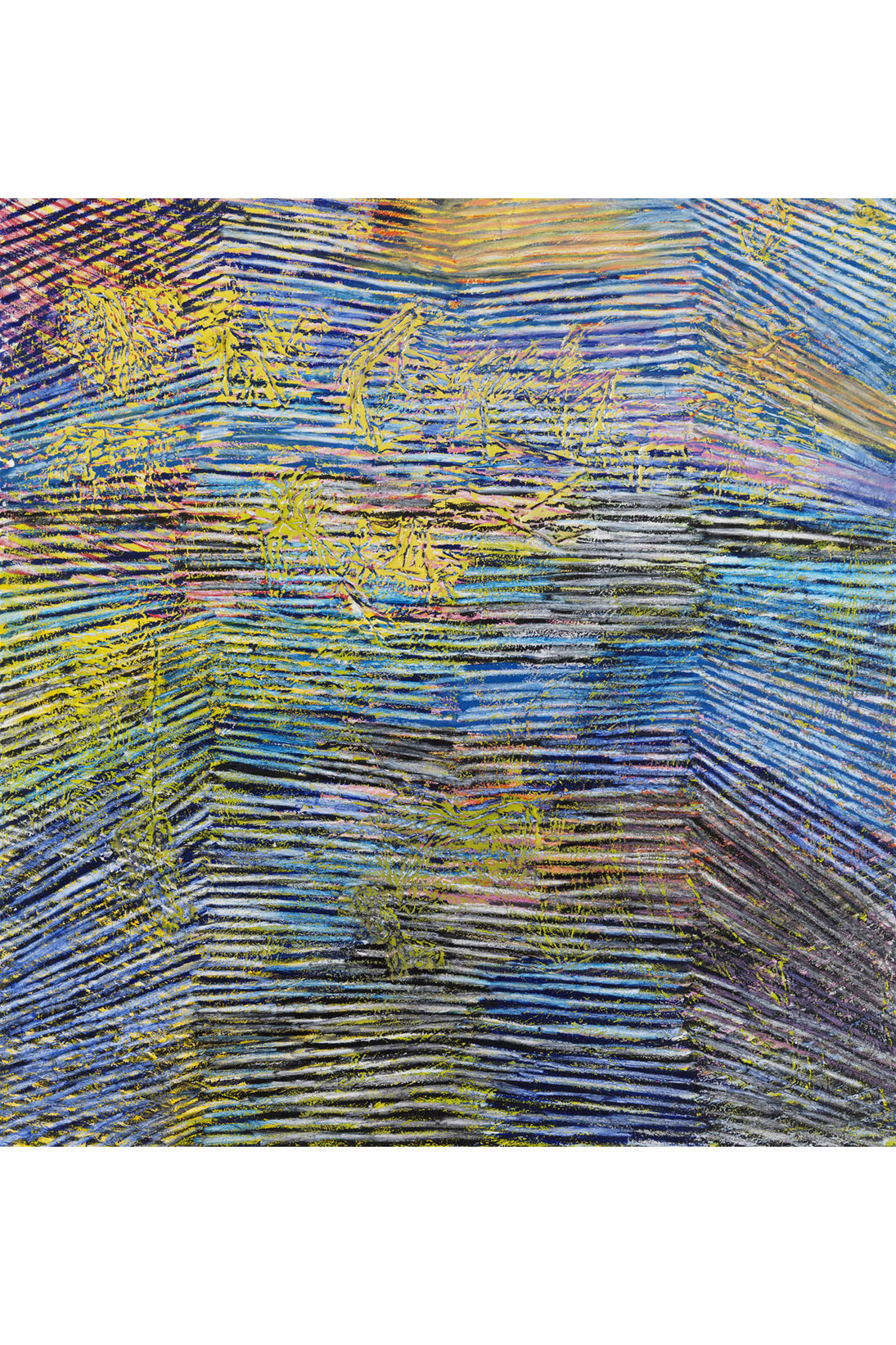 Harmony Korine, Pep Cubbie Line Painting, 2014, House paint, acrylic, oil, and collage on canvas, 63 x 67 inches, 160 x 170.2 cm. © Harmony Korine. Courtesy Gagosian Gallery. Photography by Robert McKeever