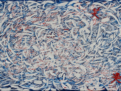 Jeff Bortniker, Here comes the Bolshoi, 2015, Mixed technique on canvas, 36 x 60 in (detail)