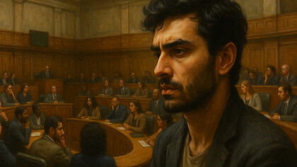 A man sits in quiet reflection as a symbolic parliament unfolds behind him—each figure representing the many voices, conflicts, and negotiations within the human mind