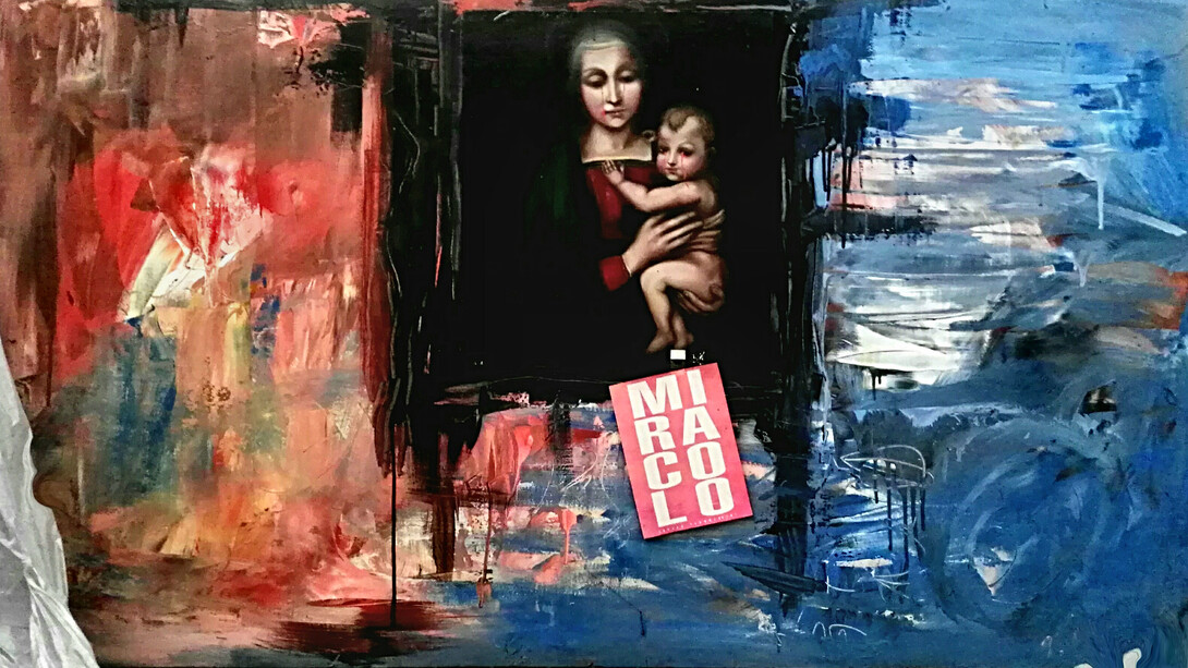 "Miracle!". Olio, smalti su tavola 91,5 x 162 + olio su tavola 30 x 40 e cartoncino stampato, 1969  