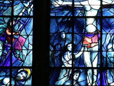 Chagall stained glass windows Fraumünster Zurich Switzerland, blue church light, Christian sacred art, European religious landmark