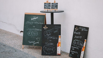 Outdoor café menu display, inviting customers with its selection of dishes and showcasing the café’s offerings