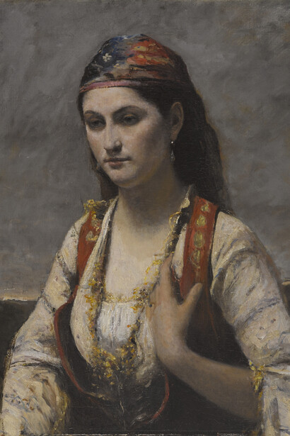 Jean-Baptiste-Camille Corot (French, 1796–1875). "The Young Woman of Albano", 1872. Oil on canvas, 29 3/16 x 25 13/16 in. 
(74.1 x 65.6 cm). Brooklyn Museum, Gift of Mrs. Horace O. Havemeyer, 42.196. (Photo: Sarah DeSantis, Brooklyn Museum)
