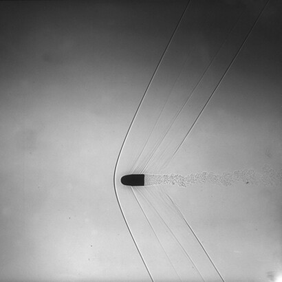 Harold Edgerton, Bullet Shock Wave, 1970, Gelatin silver print, 36 x 36 inches, 91.4 x 91.4 cm. © Estate of Harold Edgerton at MIT; courtesy of Palm Press, Inc.