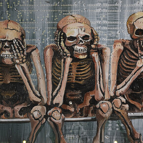 Miranda Donovan, See Hear and Speak No Evil, 2014, Acrylic on Computer Motherboard Framed in Light Box, 27.5 x 29 cm