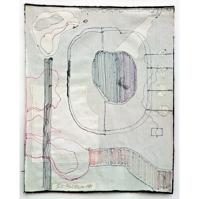 Geta Bratescu, born 1926, Medeic Callisthetic Moves 1980-1981, 6 frames containing linen, felt, cotton thread and ink drawing, Each: 757 x 614 x 49 mm © Geta Bratescu, Ivan Gallery, Bucharest
