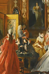 'Sir Plume demands the restoration of the lock,' an oil painting by Charles Robert Leslie, inspired by Alexander Pope's 'The Rape of the Lock,' exhibited in 1854