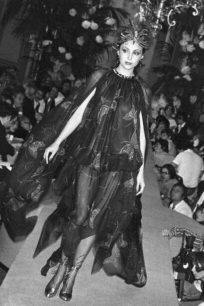 Marie Helvin models for Yves Saint Laurent, haute couture, autumn winter 1977, Paris